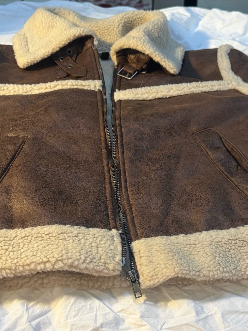 Women's Brown Shearling-Trim Aviator Jacket - Picture 8 of 14